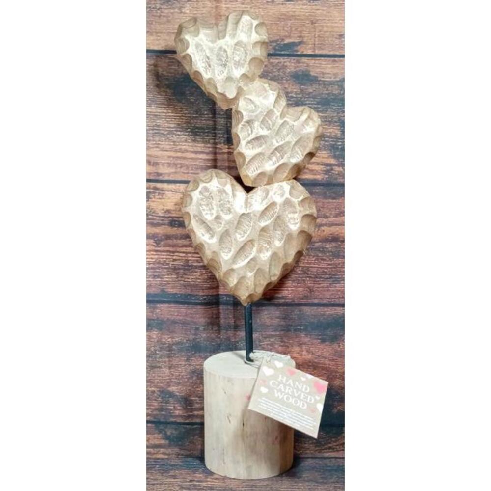 Hand Carved Wooden Heart Sculpture with Base